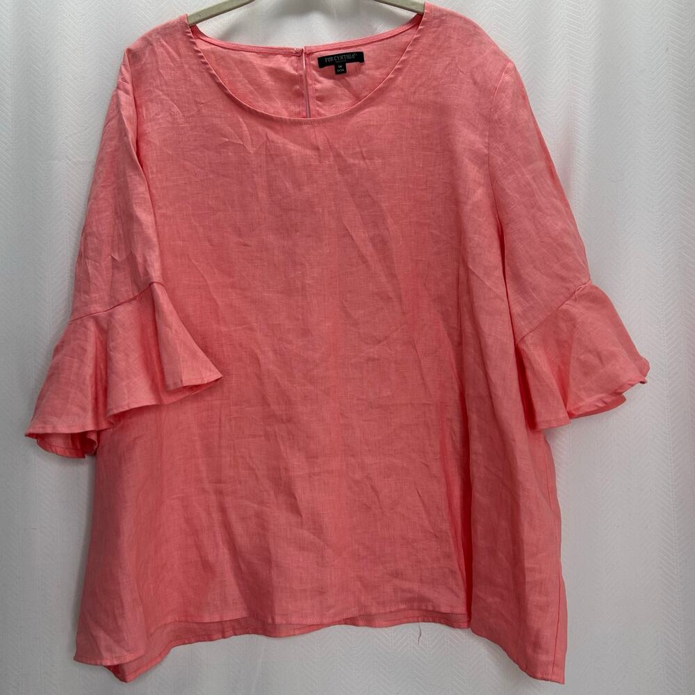 For Cynthia pink linen blouse short sleeve ruffle boxy